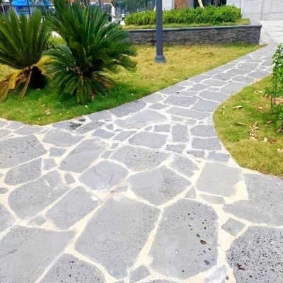 Crazy paving pathway grass
